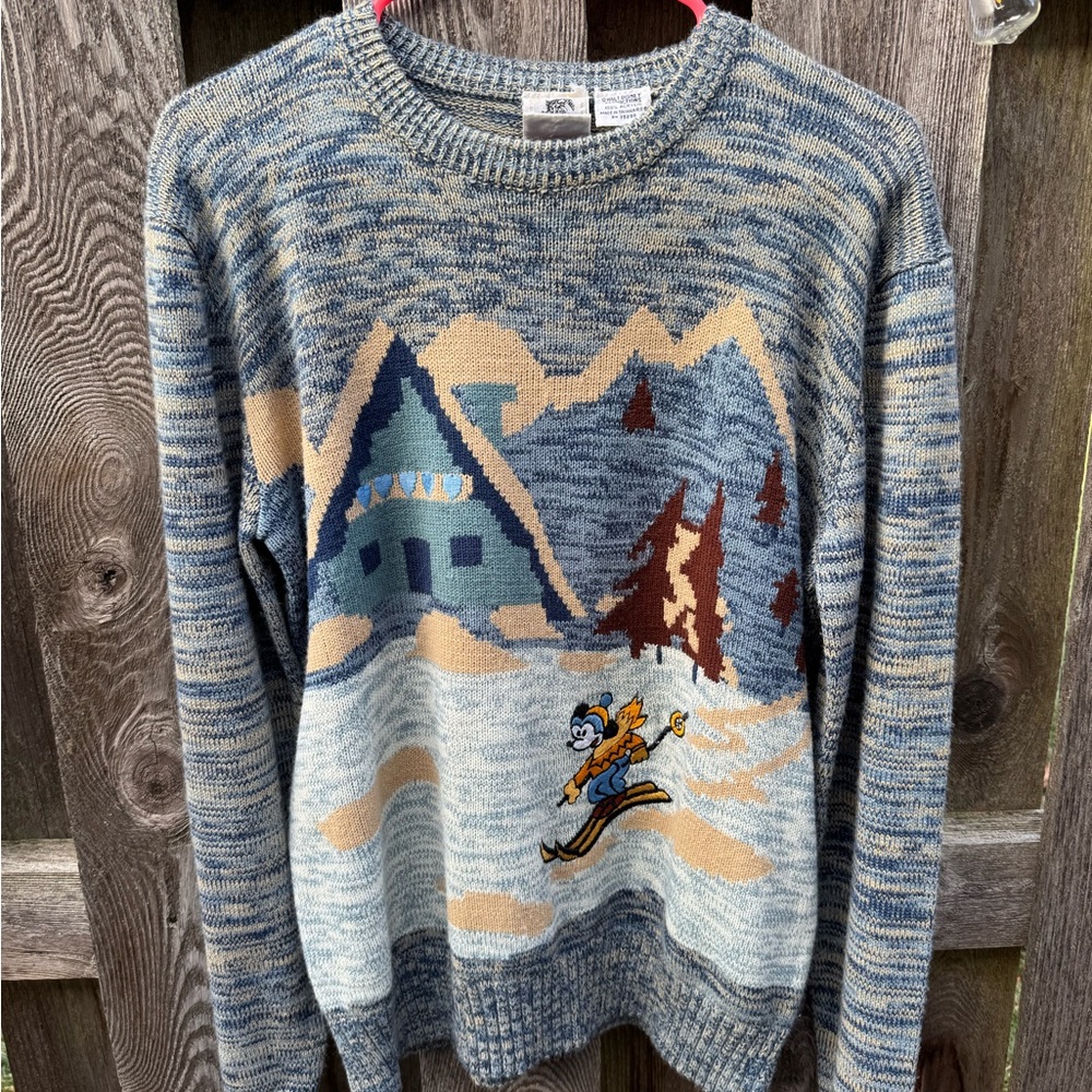 Disney Men's Sweater with Skiing Mickey and Mountain Scene